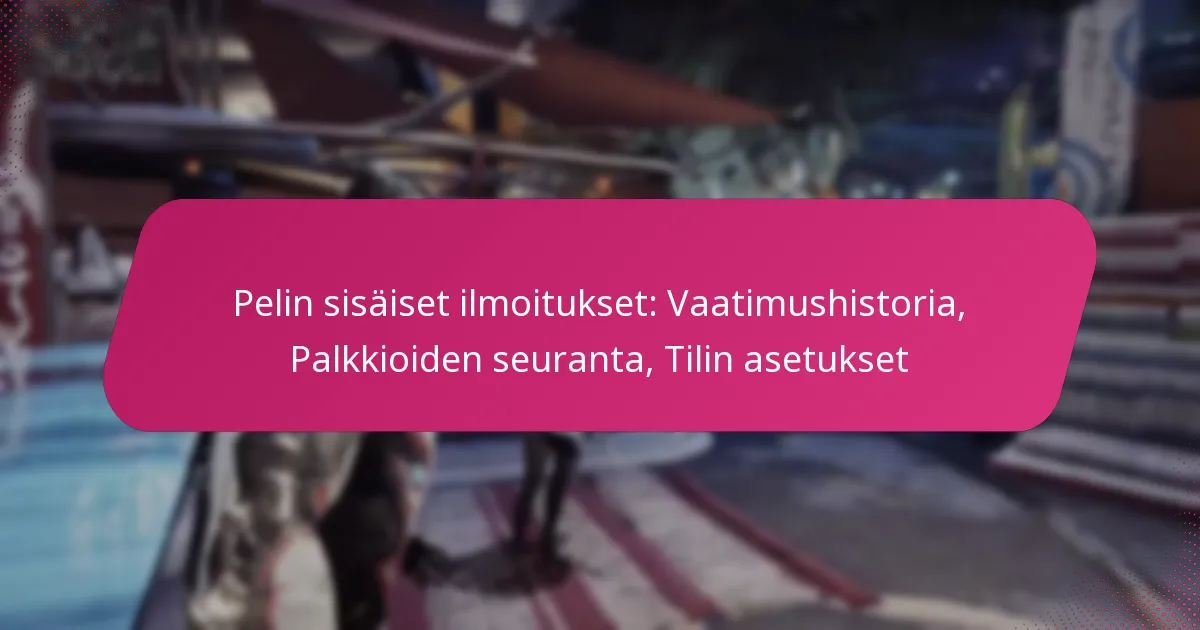 Pelin sisäiset ilmoitukset: Vaatimushistoria, Palkkioiden seuranta, Tilin asetukset